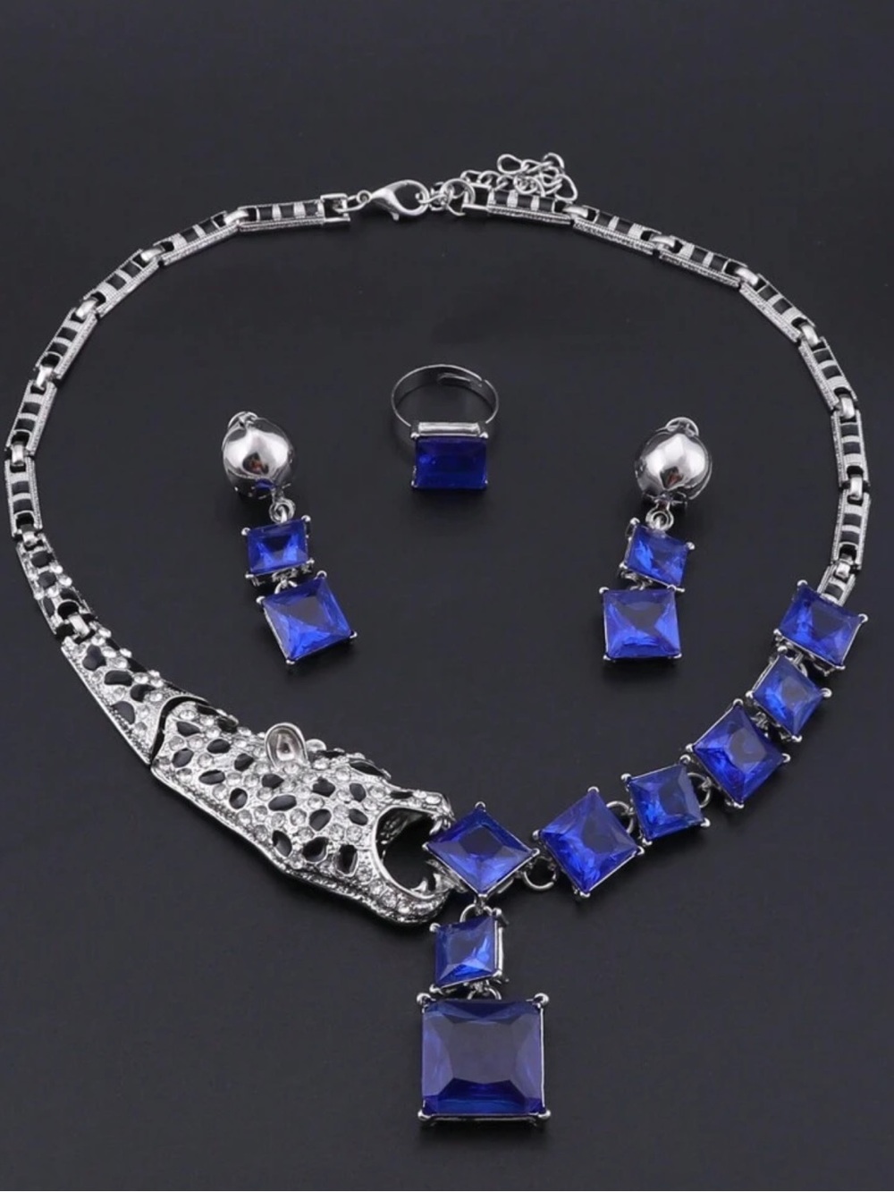 Blue Crystal Leopard Necklace Set - Fashion Jewelry
